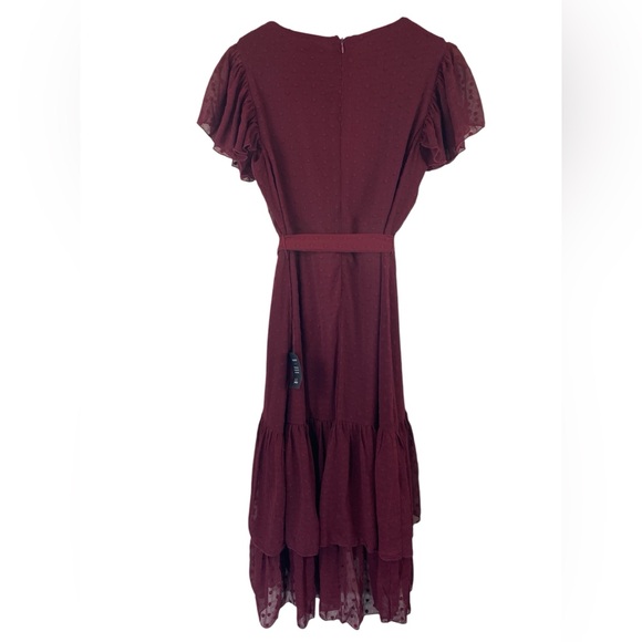 NWT Lulus Have Harmony Burgundy Swiss Dot Ruffled Faux Wrap Midi Dress Medium - Picture 6 of 13
